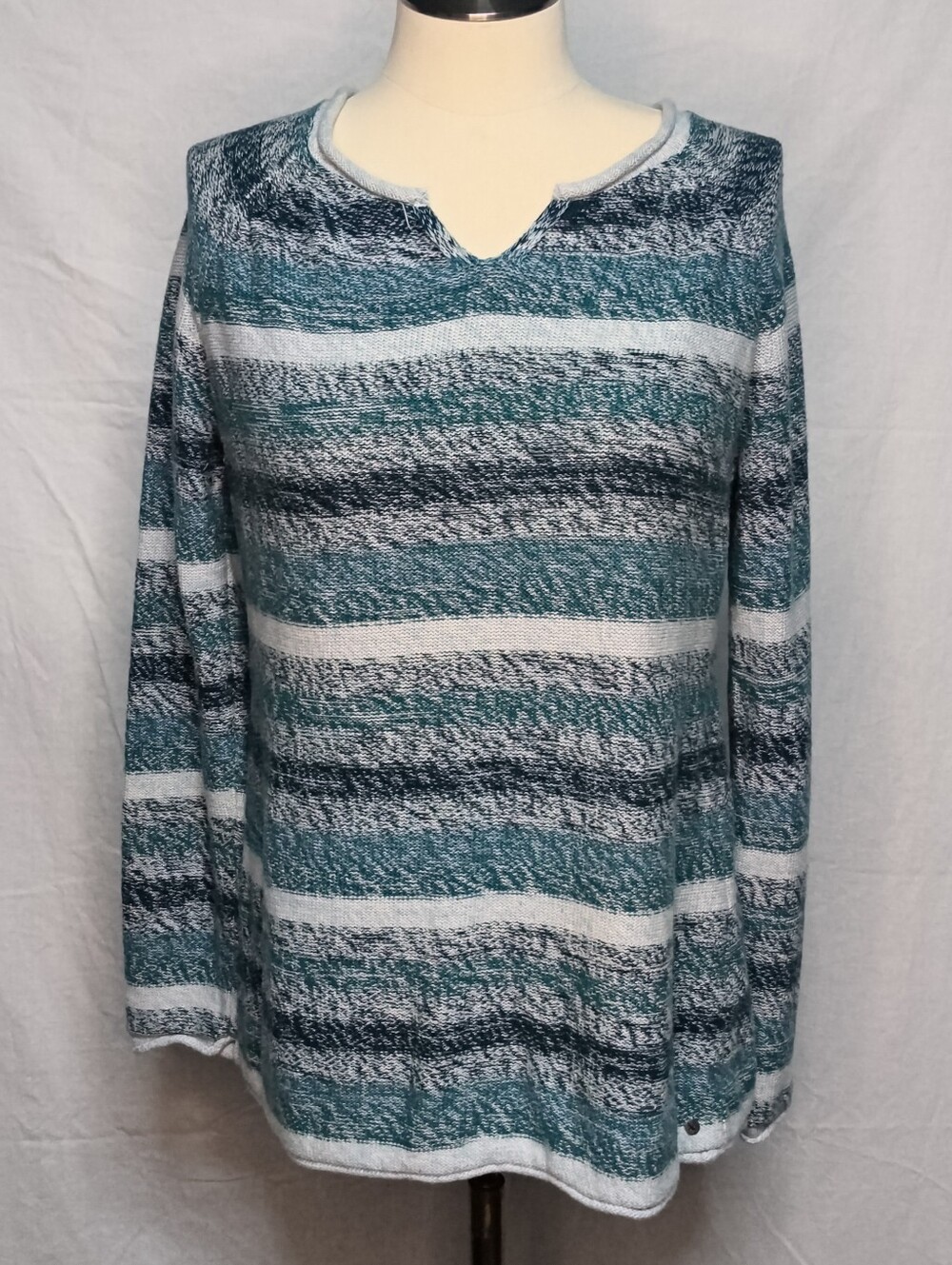 Eddie Bauer Teal and White Striped Knit Sweater